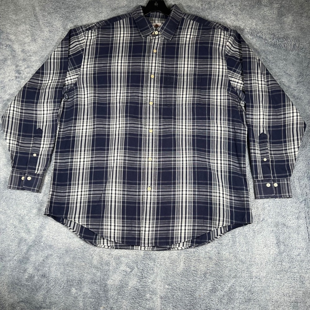 Brooks Brothers 346 Mens XL Regular Fit Navy Blue White Plaid Button Down Shirt